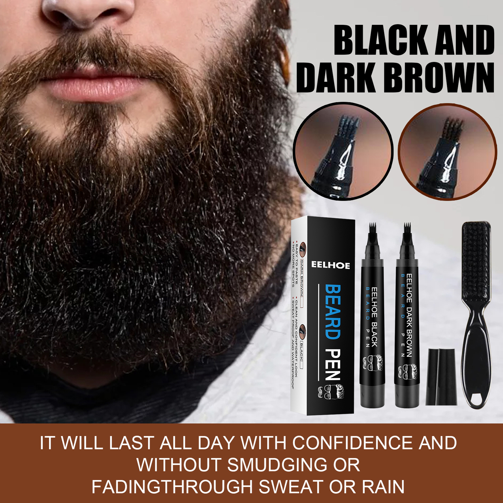 2× Waterproof Beard Pencil Filler Long Last Hair Grower Moustache Eyebrow +Brush