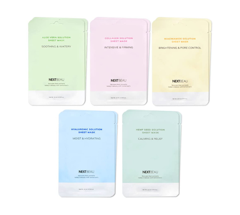 NEXTBEAU Solution Sheet Mask Variety Pack, 10 Count (5 Types x 2 Sheets) 0.74 oz