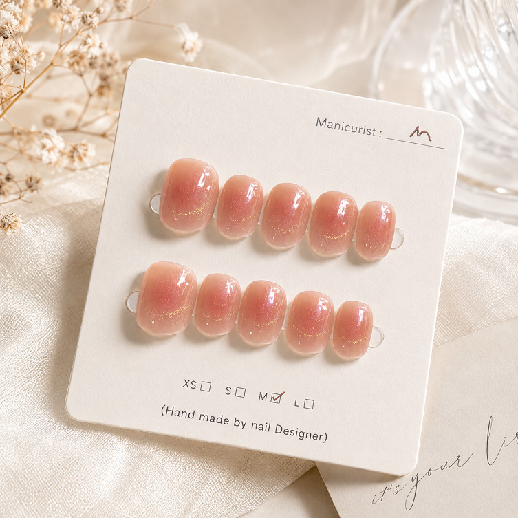 Handmade Soft Pink Cat Eye Press-On Nails Size M Short Round Gold Shimmer