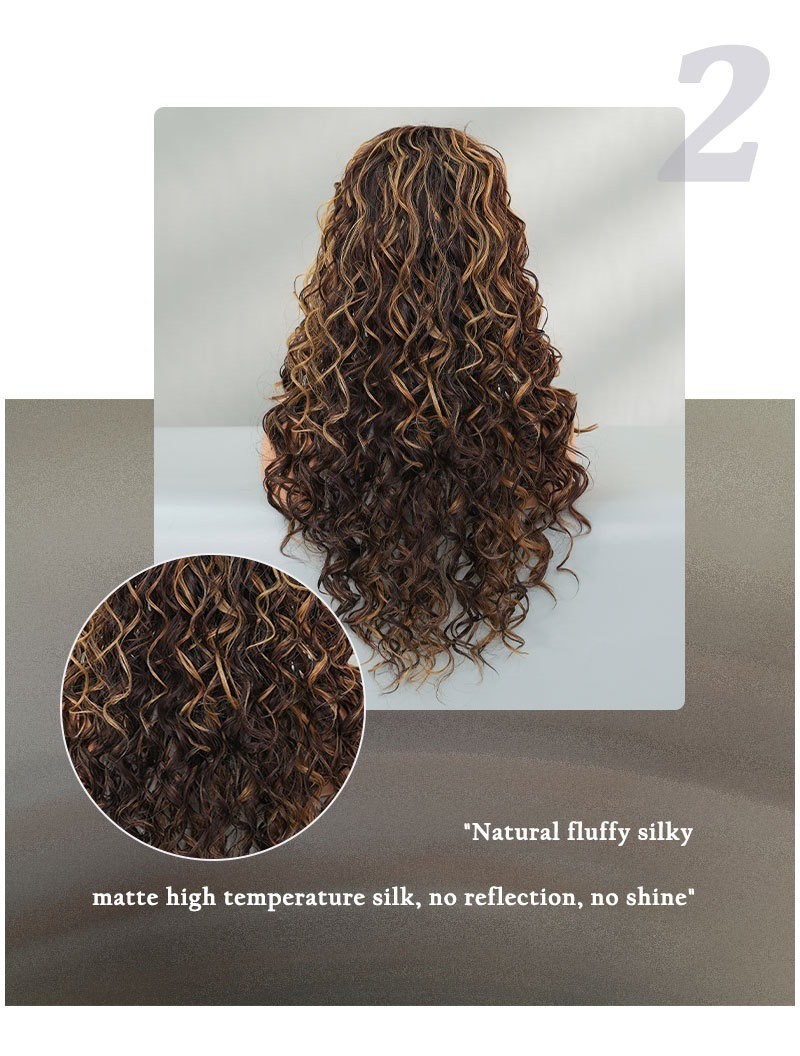Brown Honey golden curly springy curly long hair with bangs synthetic fibers