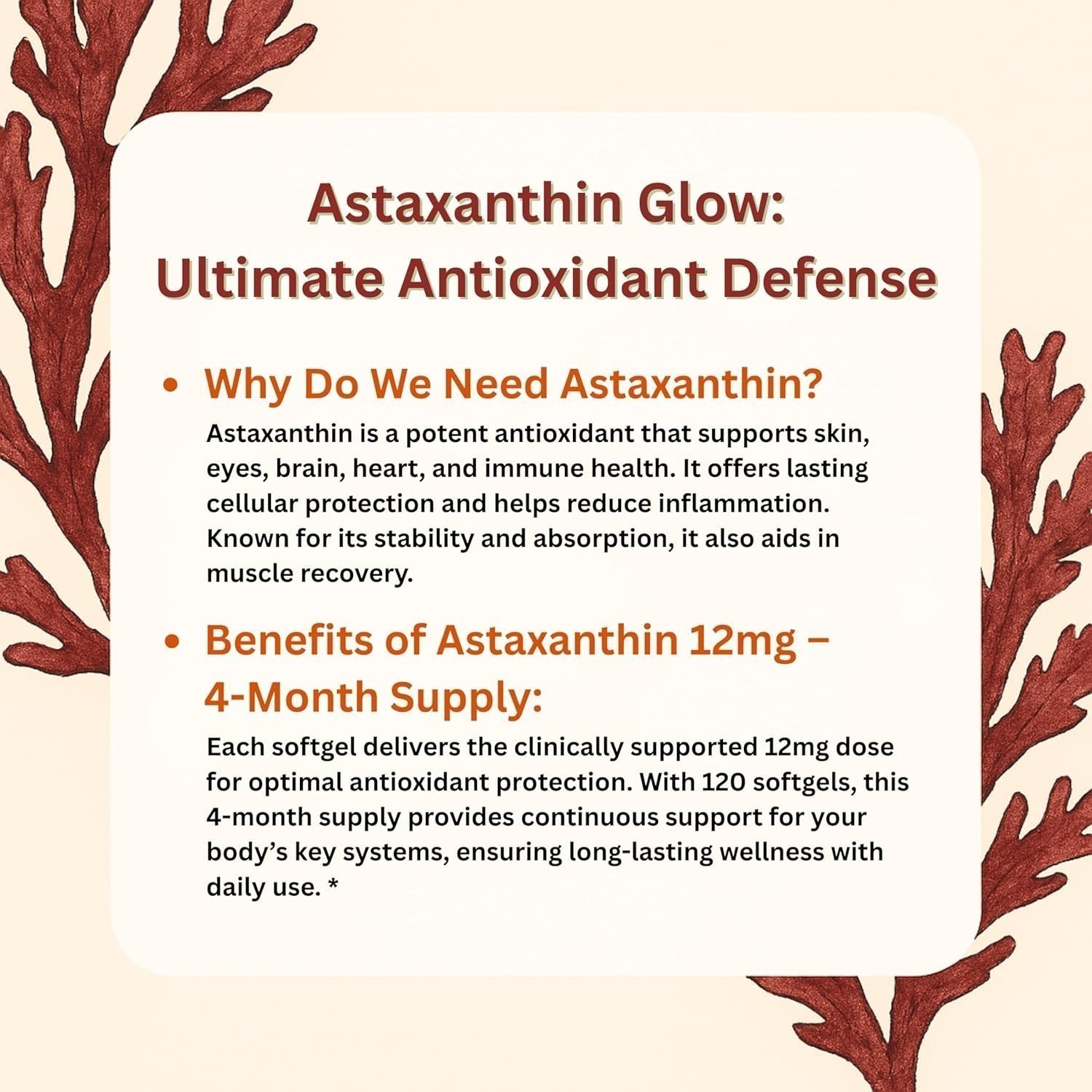 12mg Astaxanthin Antioxidant 120 Softgels Fresh Microalgae Eye Joint Skin Health