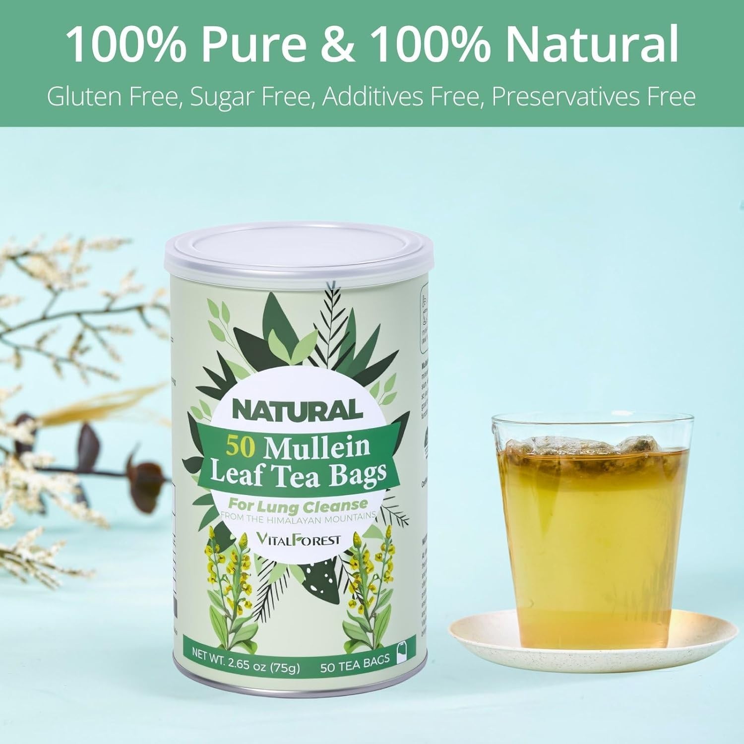 50 Mullein Tea Bags for Lungs, VitalForest 100% Pure Mullein Leave Tea, Lung Det