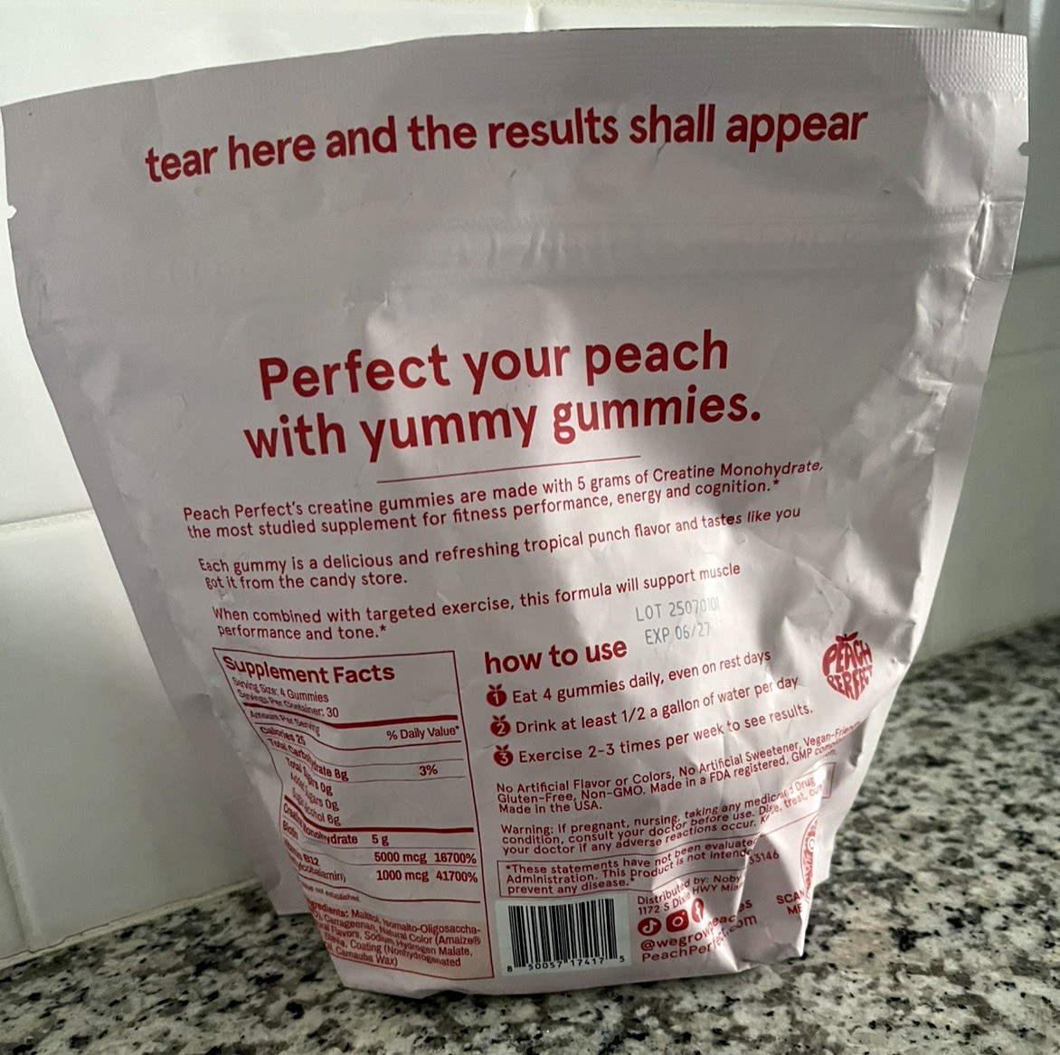 Peach Perfect Creatine Monohydrate Gummies Glute Builder Non-GMO EXP: 06/2027