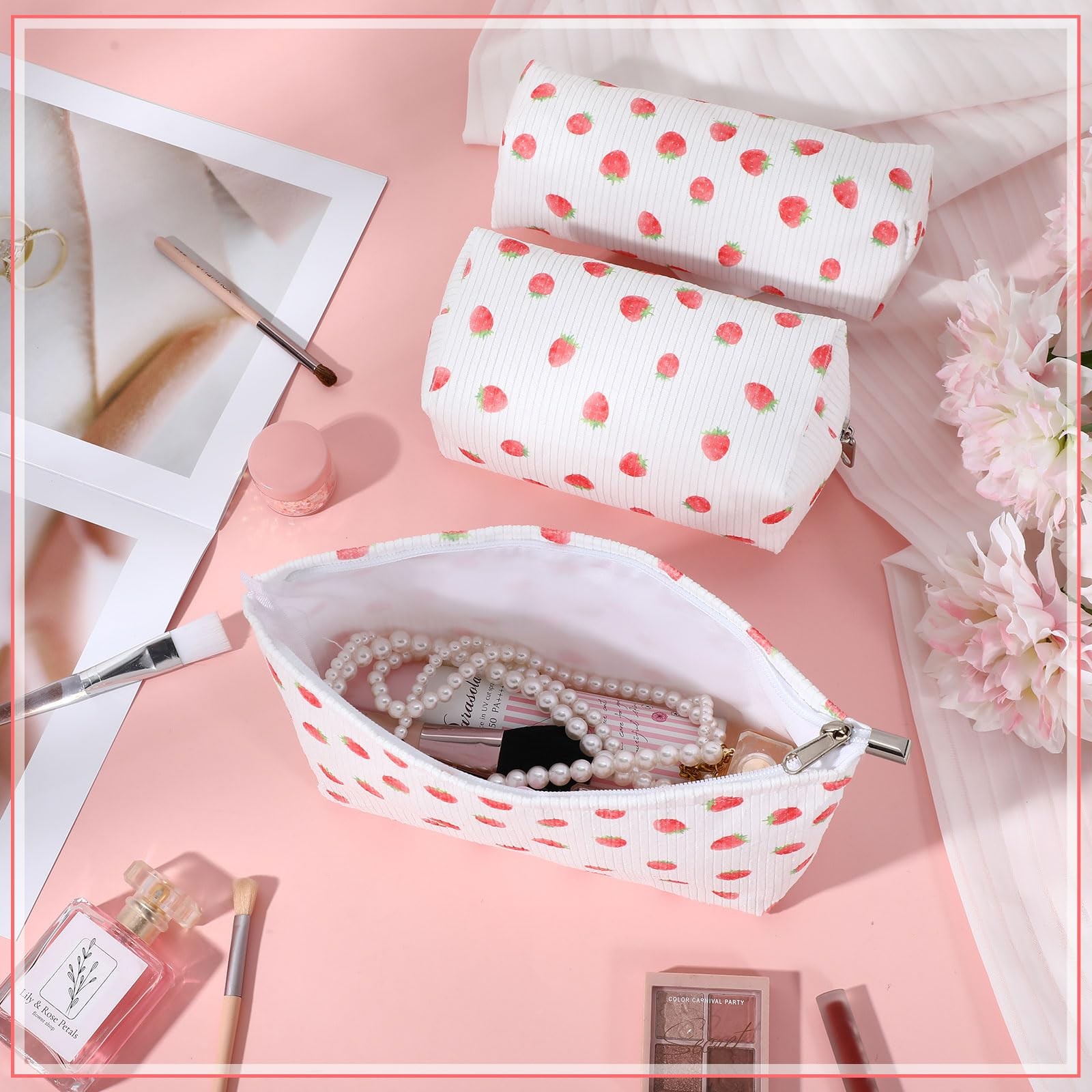 Huhumy 3 Pcs Makeup Bag Set for Women Corduroy Cosmetic Pouch Aesthetic White