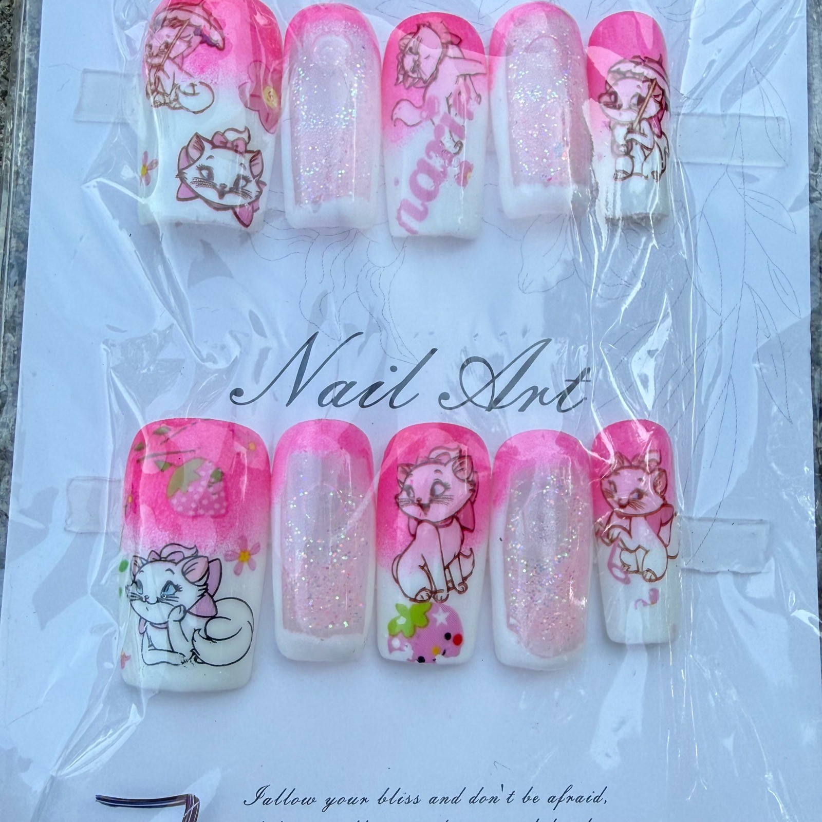 Disney Marie The Aristocats Press On Nails Pink Ombre Moving Glitter Coffin Long