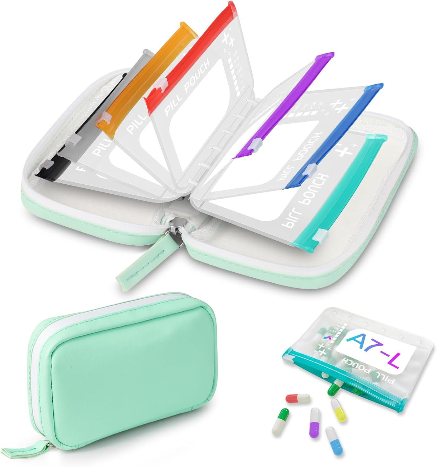 A7 Waterproof Pill Organizer with 7 PCS L Size Zippered Pill Pouches for A7 Bind