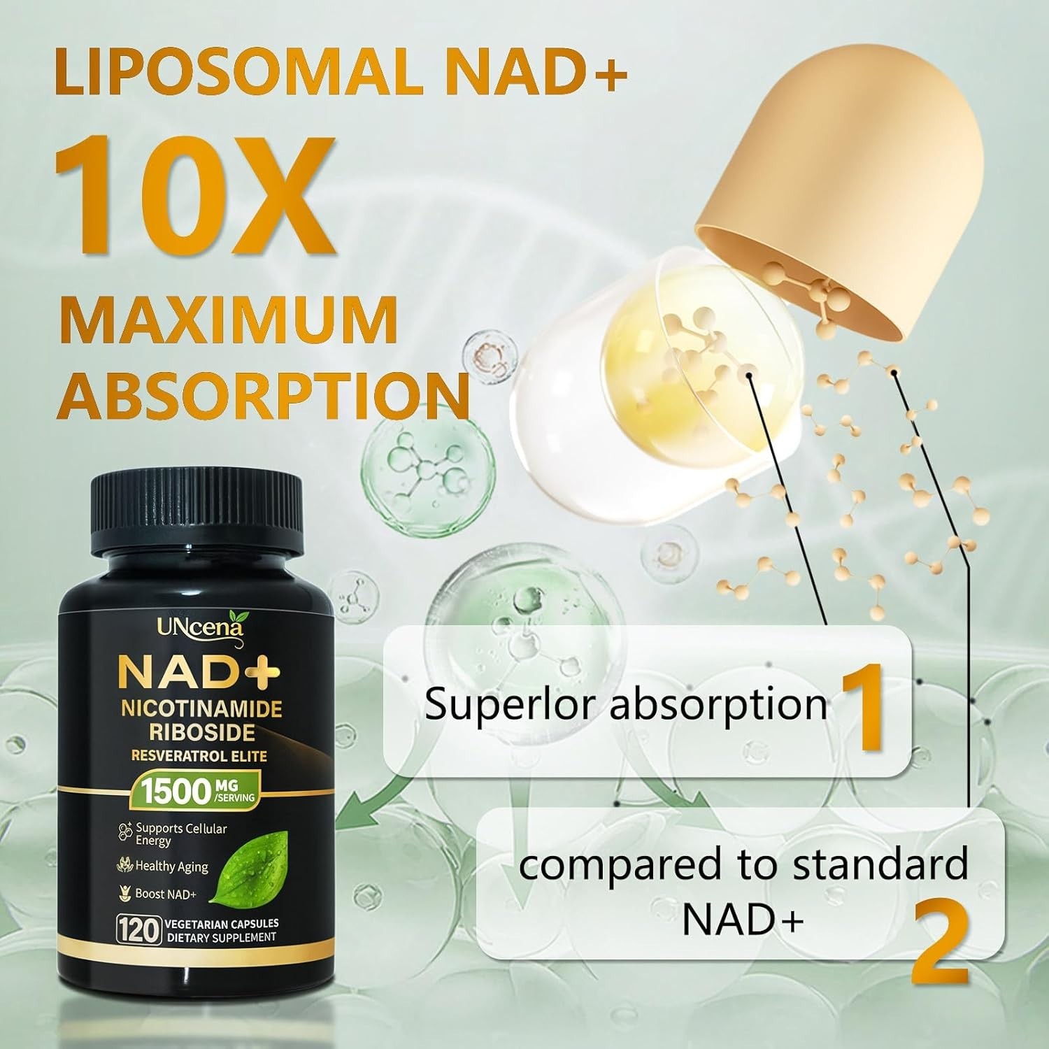 UNcena NAD+ Supplement 1500mg Liposomal Nicotinamide Riboside Resveratrol 120 Ca