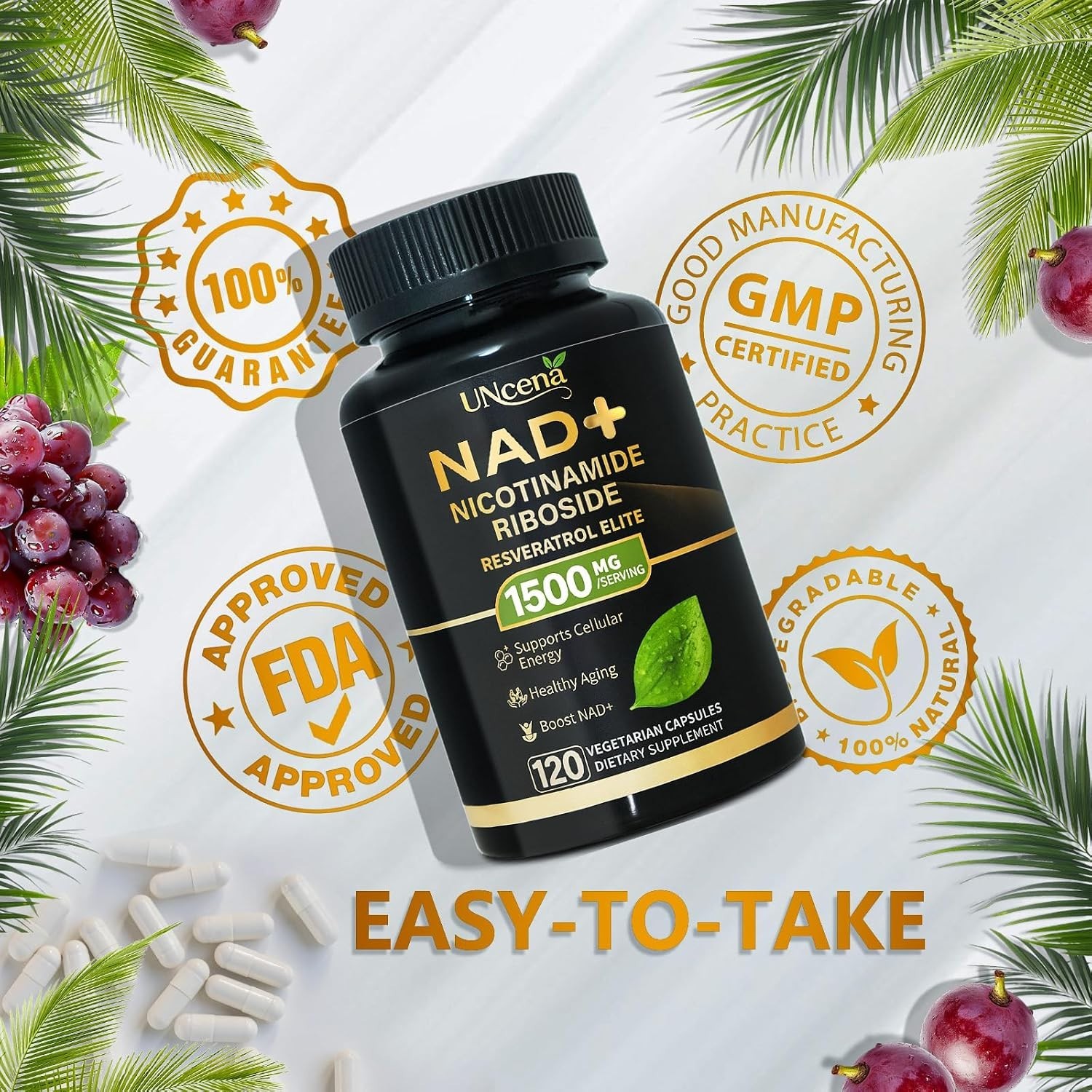 UNcena NAD+ Supplement 1500mg Liposomal Nicotinamide Riboside Resveratrol 120 Ca