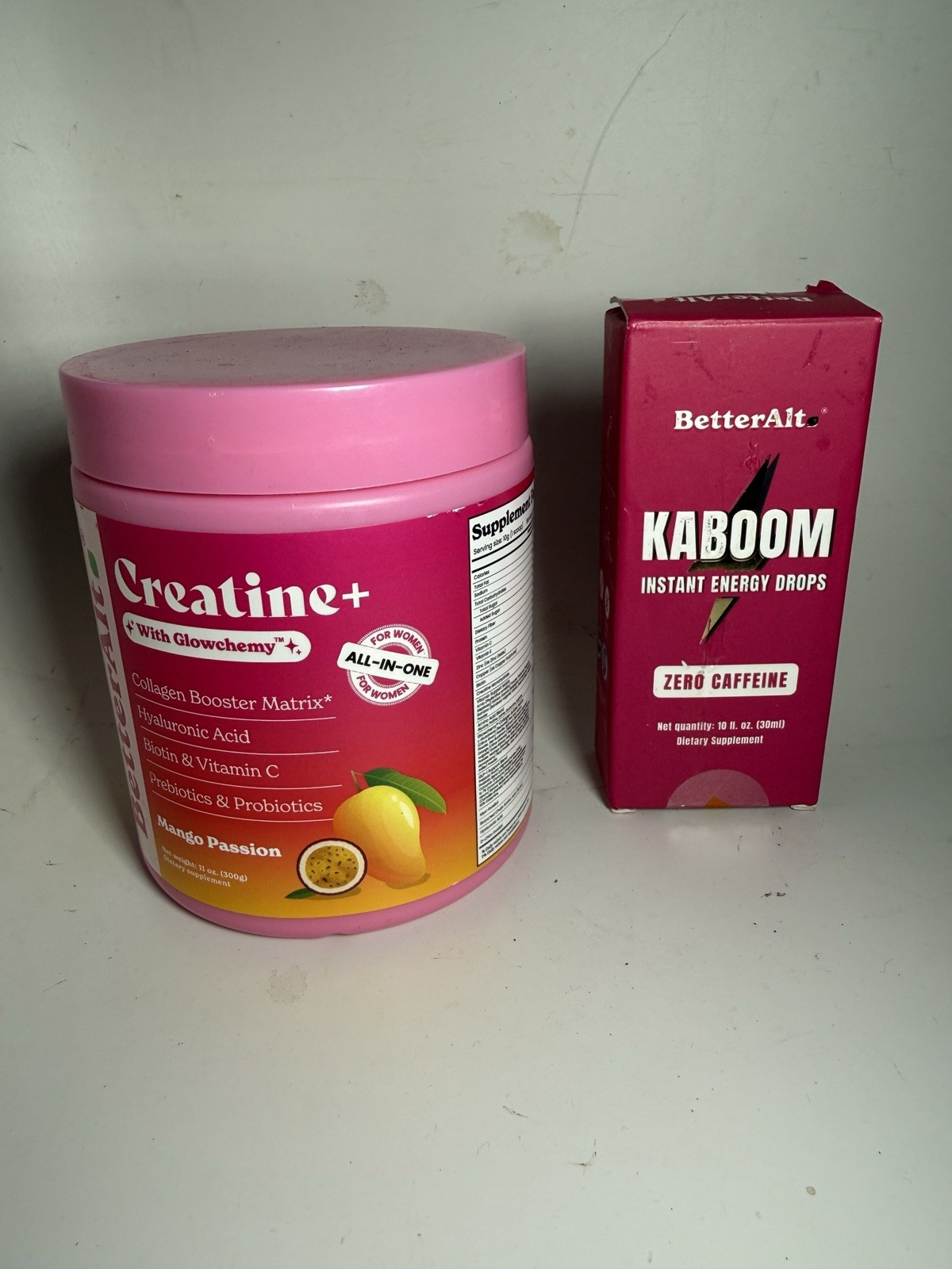 BetterAlt Creatine+ Collagen Booster Powder Mango passion & Kaboom drops
