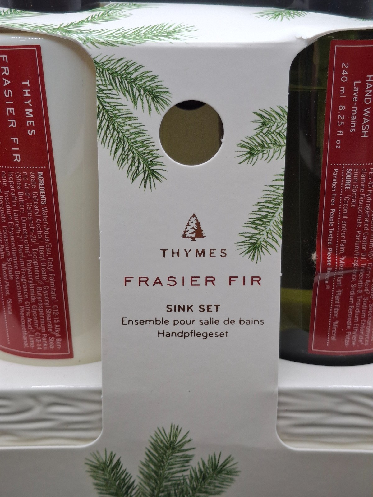 Thymes Frasier Fir Sink Set in Ceramic Caddy ~ Hand Wash & Lotion 8.25 oz ~ New