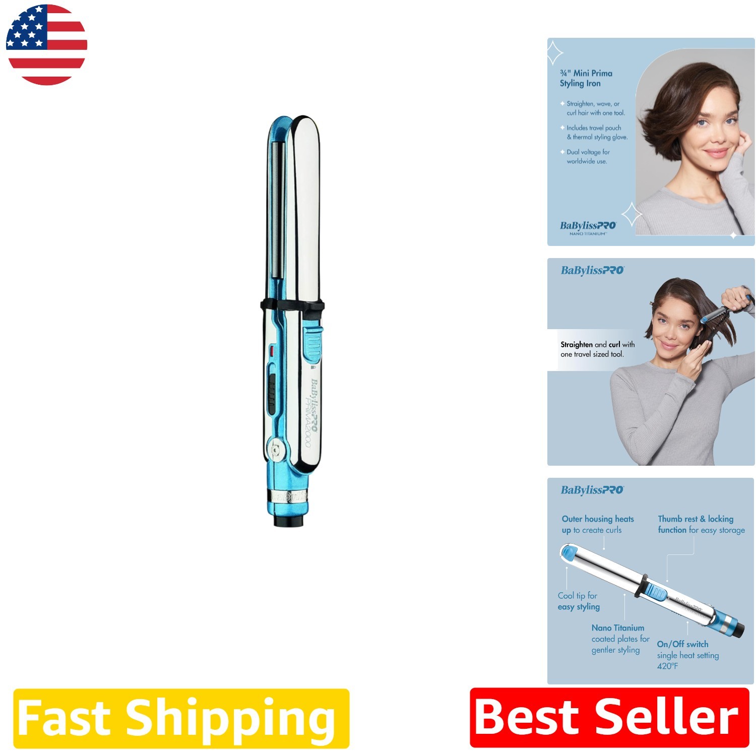 Nano Titanium Prima 2000 Mini Iron 3/4″ Ionic Travel Blue