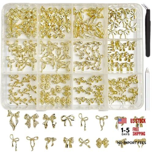 120Pcs 3D Gold Bow Nail Charms, 12 Designs Assorted 3D Metal Bow Nail Set 01