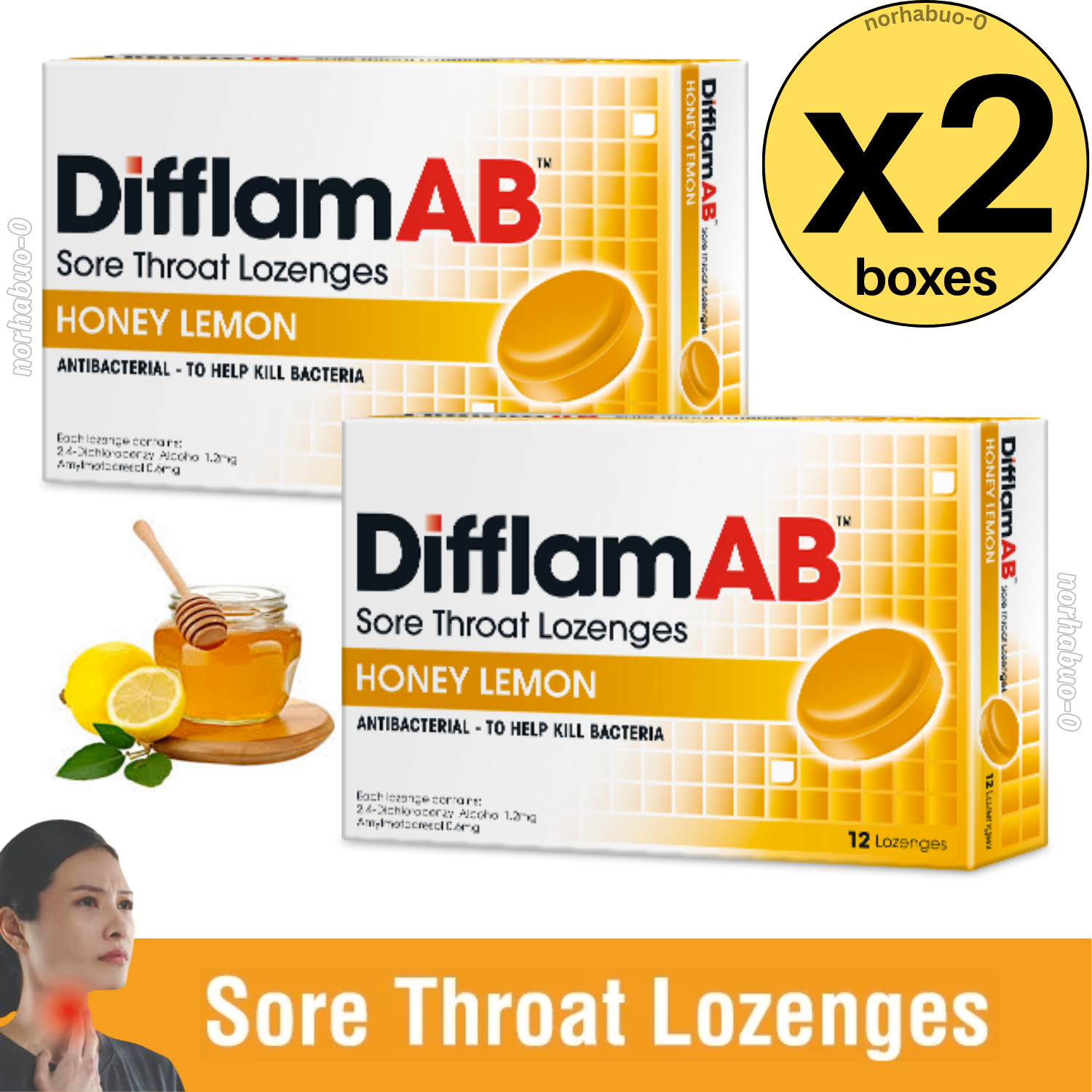 2 X Difflam AB 12’s Lozenges Honey & Lemon Flavour Soothes Relieve Sore Throat