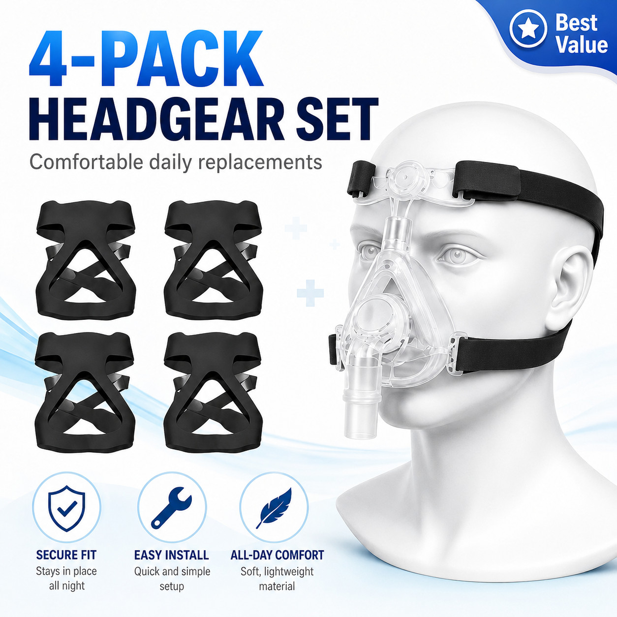4 Pack CPAP Mask Headgear Replacement Strap Soft Elastic Universal Fit Kit
