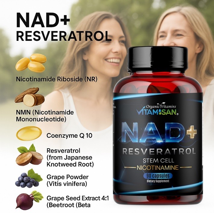 90 NAD+ Supplement for Anti-Aging Energy Focus Nicotinamide Riboside Resveratrol