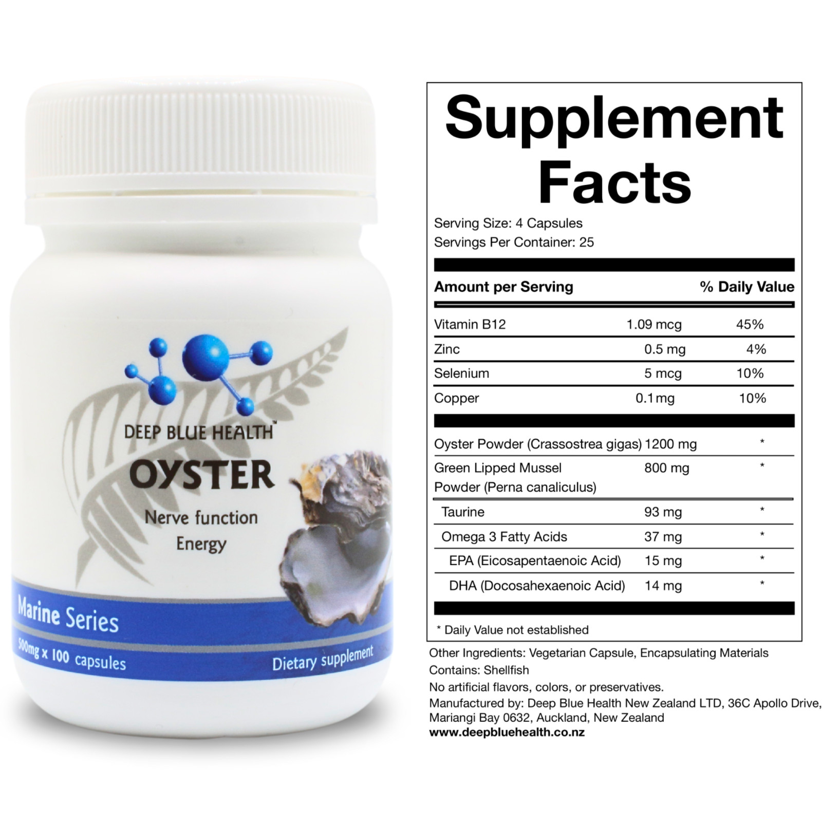New Zealand Oyster Extract Powder Zinc Libido Supplement – 500mg x 100 Capsules