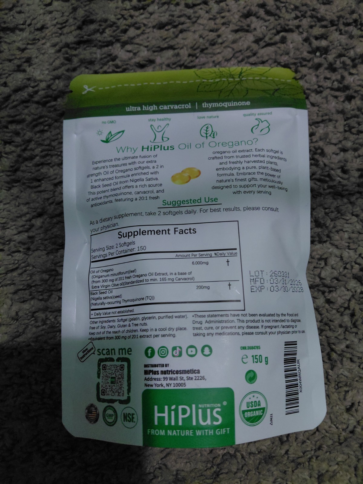 HiPlus Oil of Oregano + Black Seed Oil 6000mg Softgels 300 Non-GMO Organic