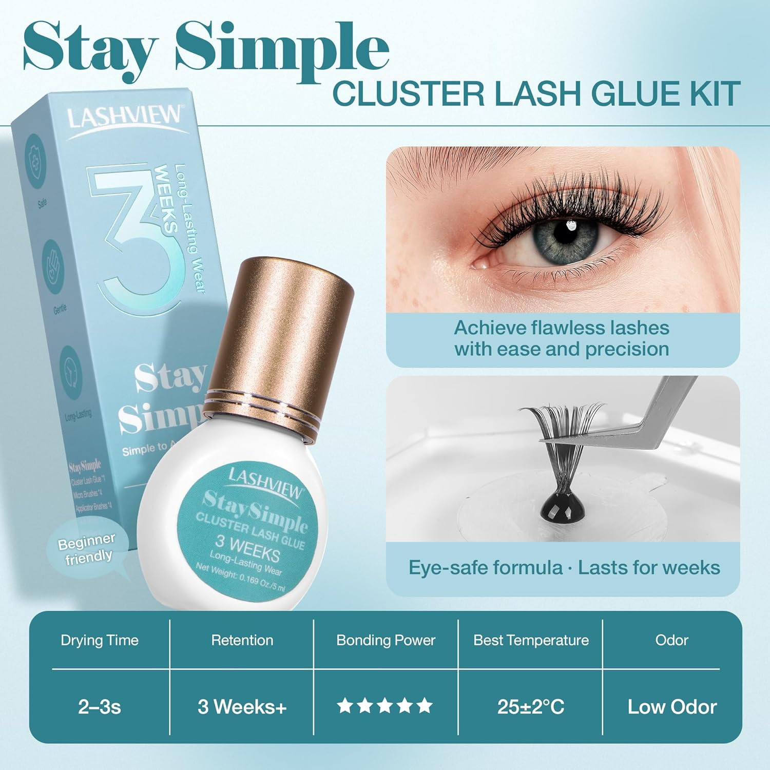 LASHVIEW Waterproof Lash Cluster Glue Kit, 3-4 Weeks Strong Hold Lash Glue for E