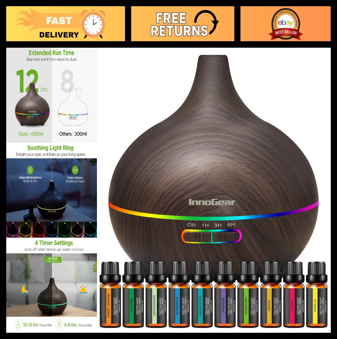 Aromatherapy Diffuser 400ml with 10 Essential Oils, Ultrasonic Cool Mist Humidif