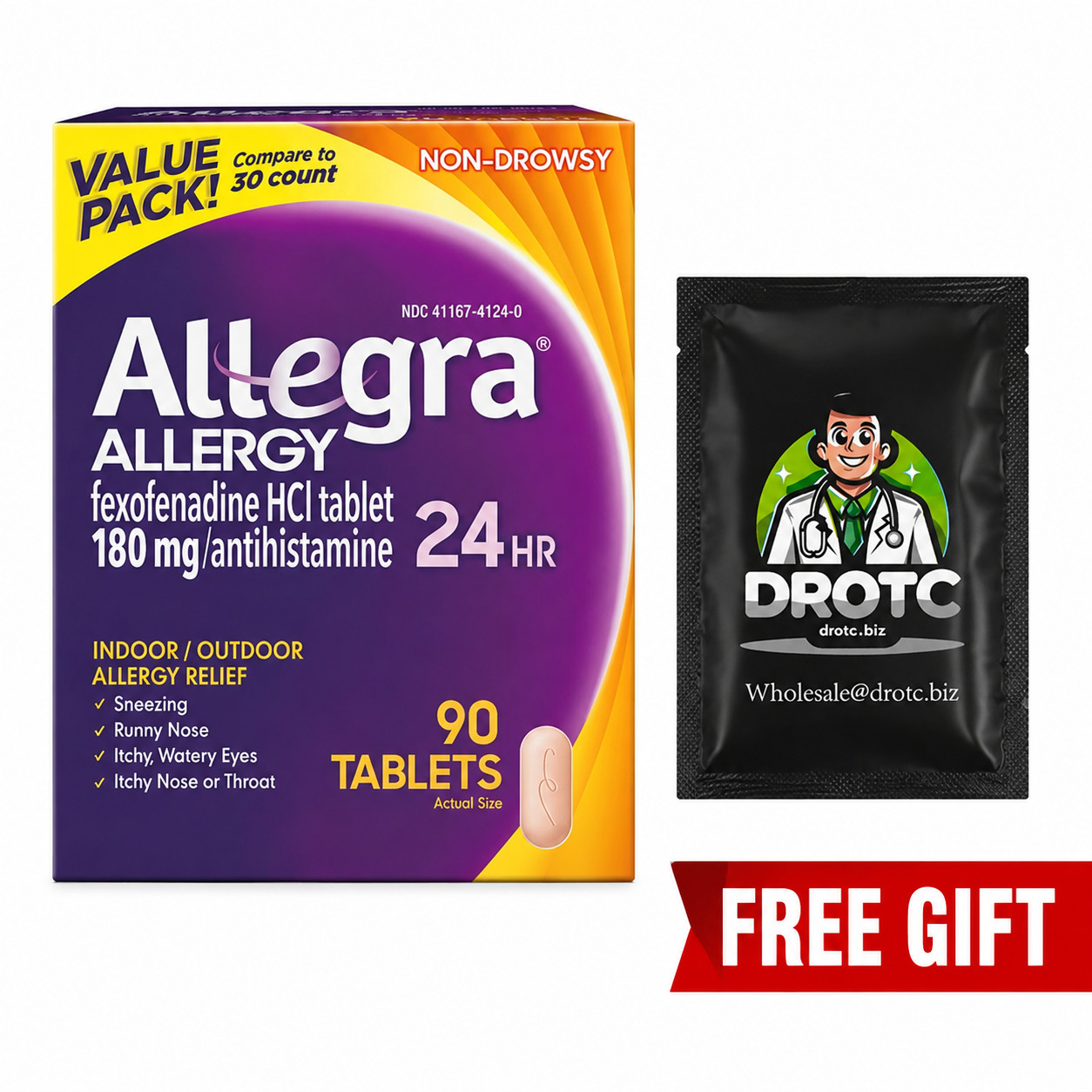 Allegra Allergy 24HR 90 Tablets 1pk 20pk + Free DR OTC Wipe – Exp 2027+