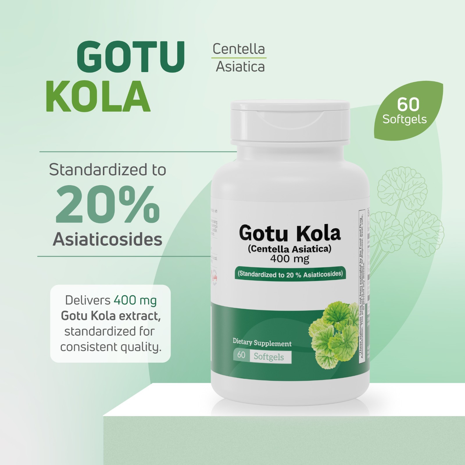 Gotu Kola 400 mg Centella Asiatica Circulation Support 60 Count