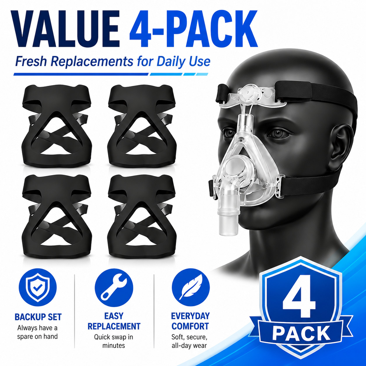 4 Pack CPAP Mask Headgear Replacement Strap Soft Elastic Universal Fit Kit