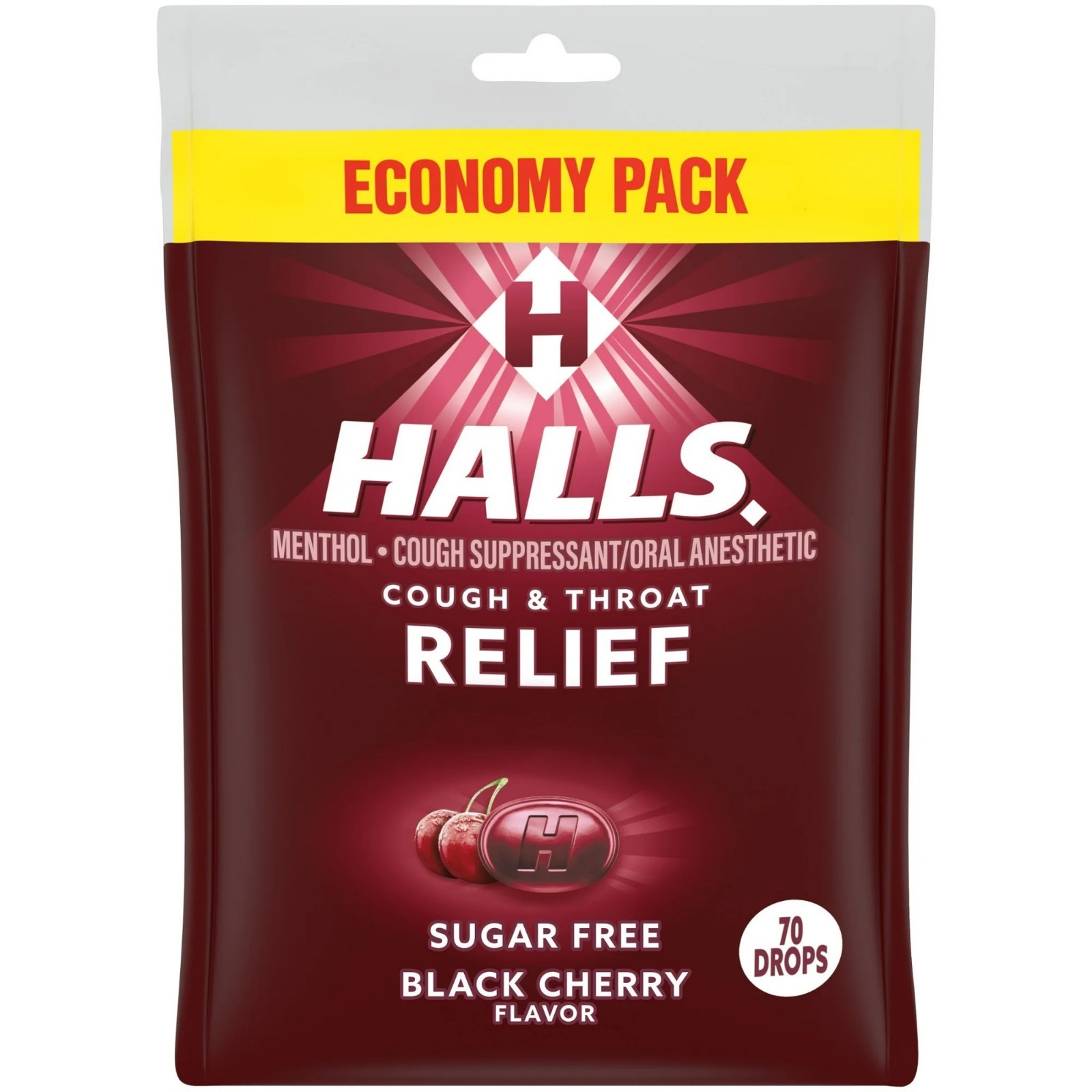 HALLS Relief Sugar Free Black Cherry Flavor Cough Drops, Economy Pack-70ct-2pack