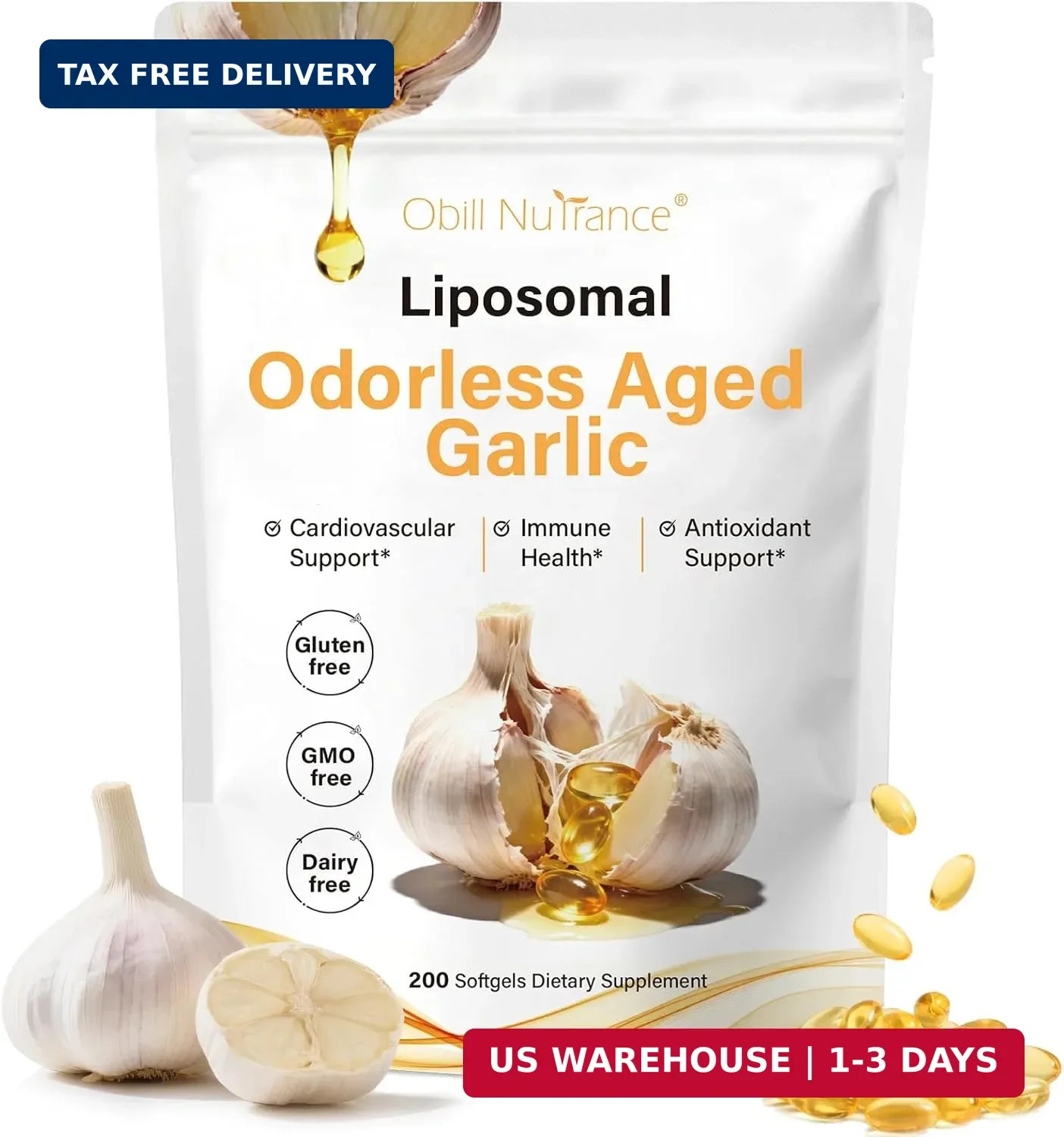 Obill NuTrance Aged Garlic Extract, Odorless Organic Garlic Supplements, 2 Years
