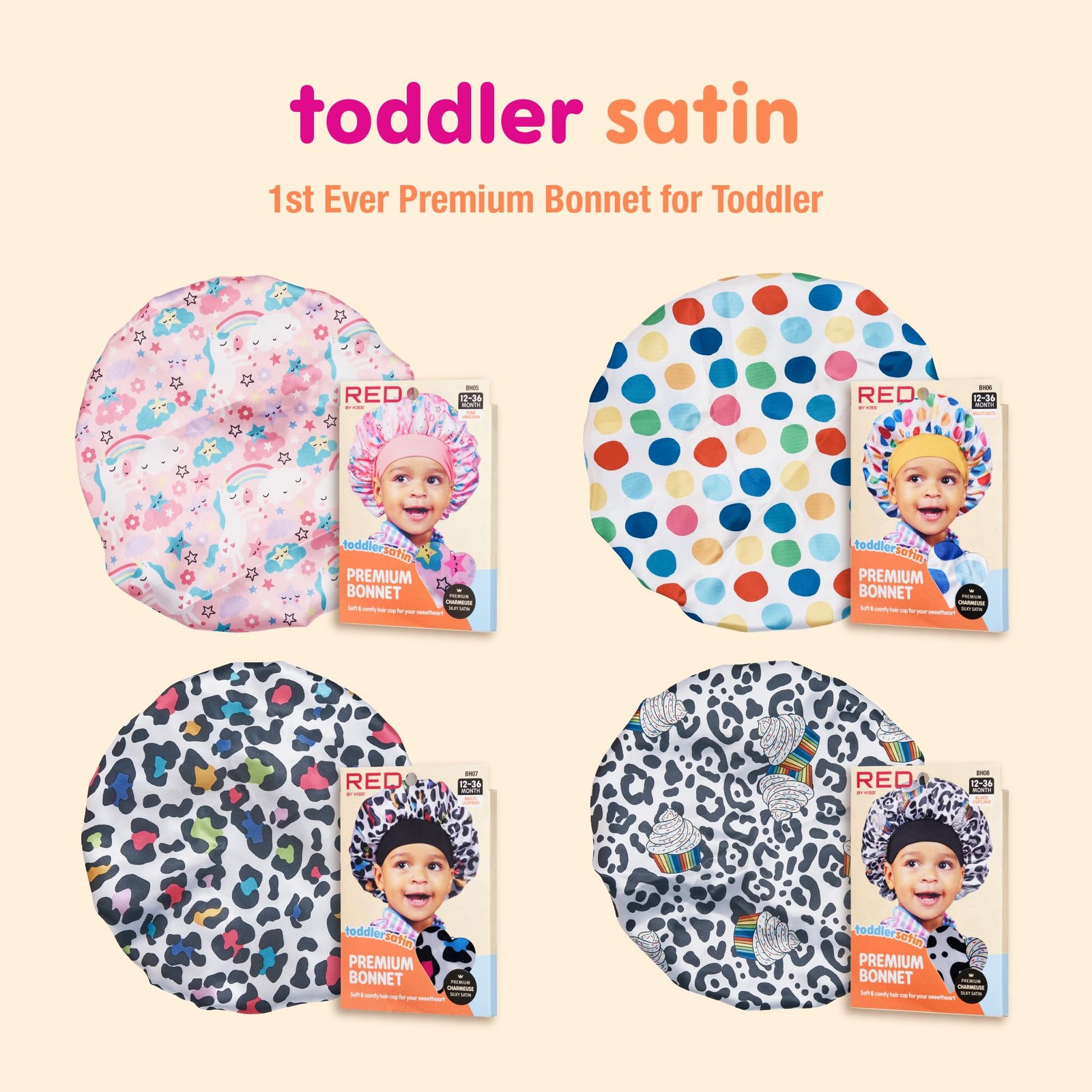 Red by Kiss Toddler Satin Bonnet Sleep Cap for 18M-4T, Rainbow Cupcake