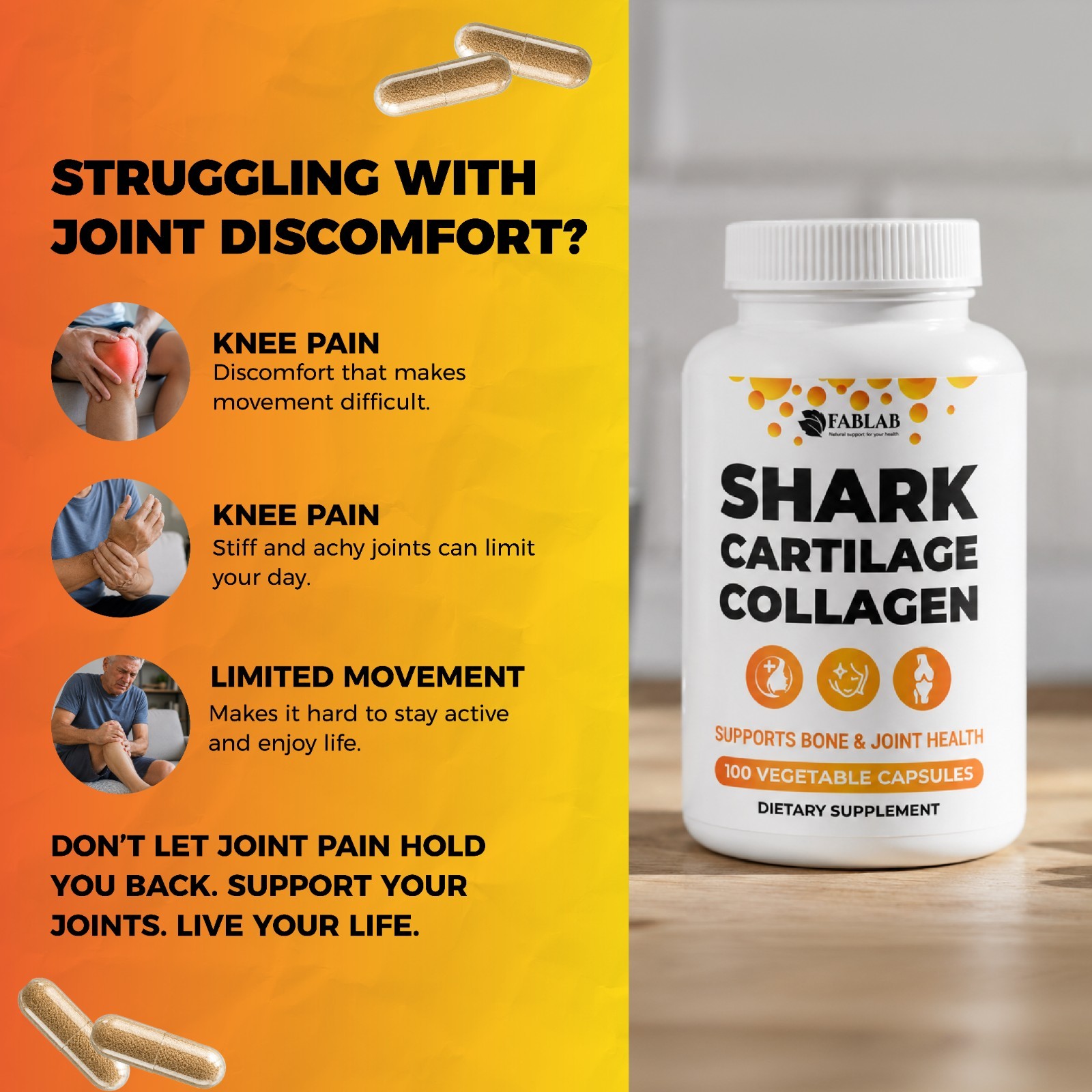 FabLab Shark Cartilage 2 Pack – 200 Capsules – Joint & Bone Support Supple