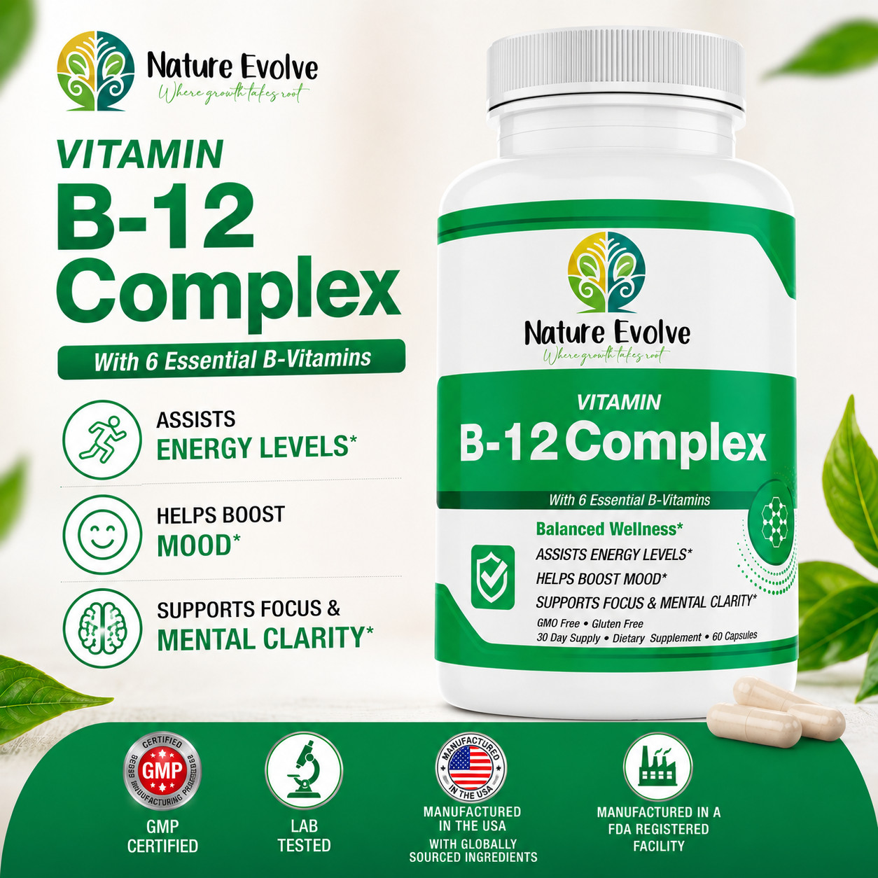 Nature Evolve B-12 Complex 60ct 6 Essential B-Vitamins USA made