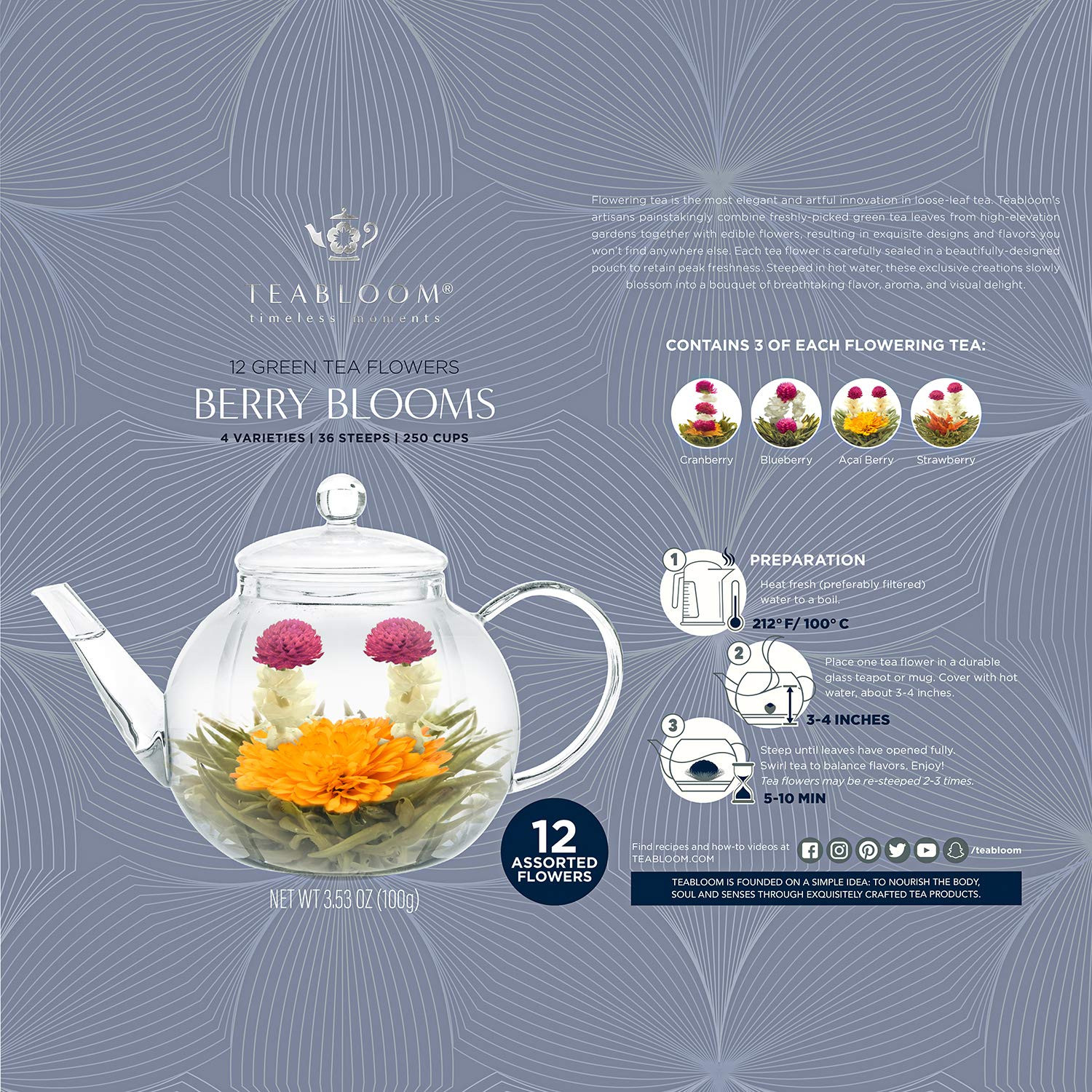 Holiday Flowering Teas – 12 Assorted, Delicious Berry Blooming Teas – Premium Gr