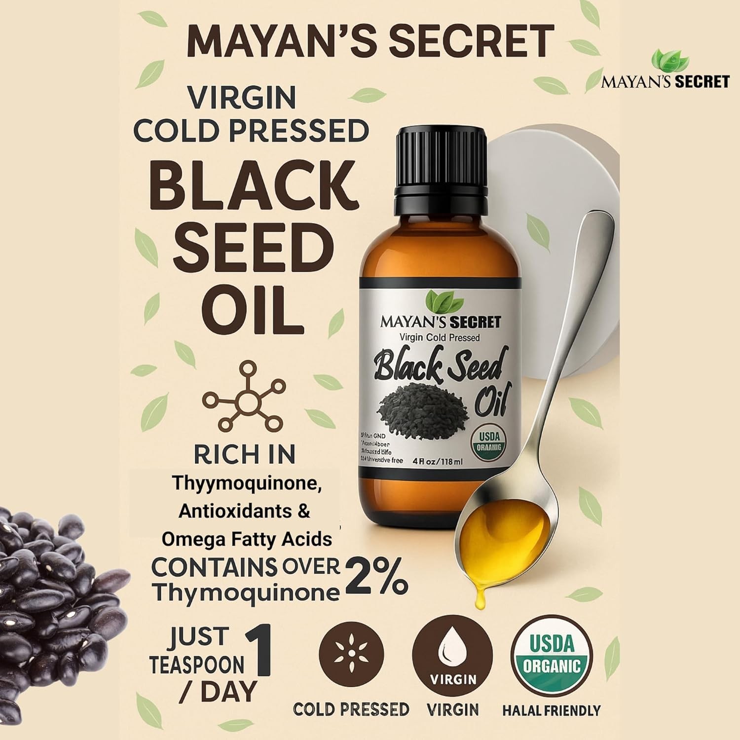 100% Pure Virgin CERTIFED Organic Black Seed Oil Edible Cold Pressed Cumin 4oz