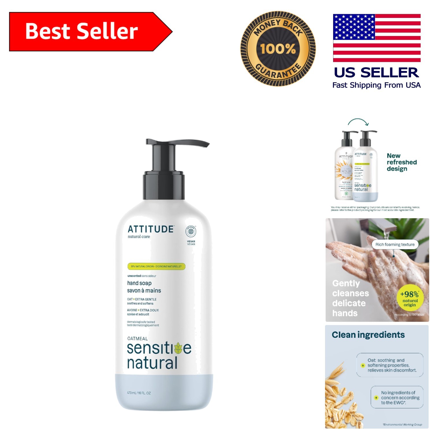 Unscented Hand Soap – 16 Fl Oz, Cleansing for Sensitive Skin, Oat Extract