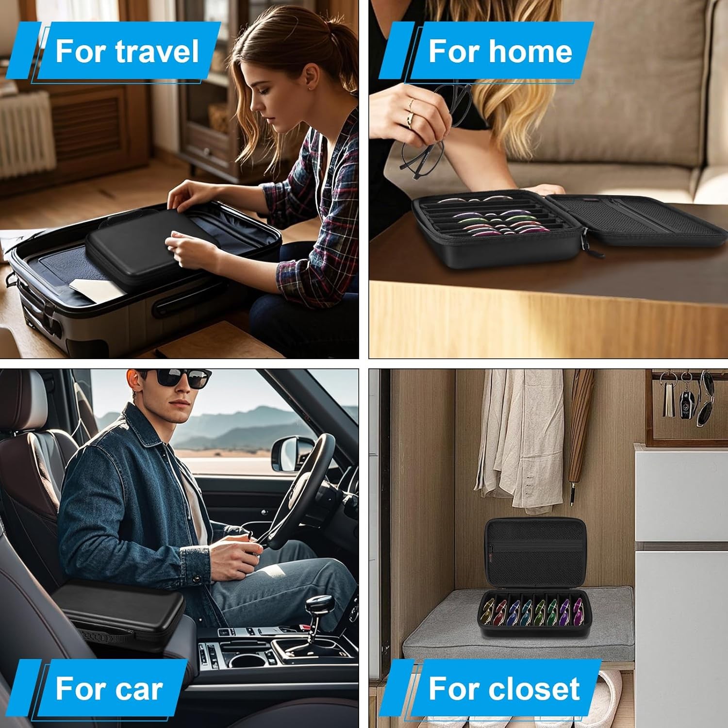 Travel Sunglasses Organizer Case with 8-Slot Adjustable Compartments Men Women