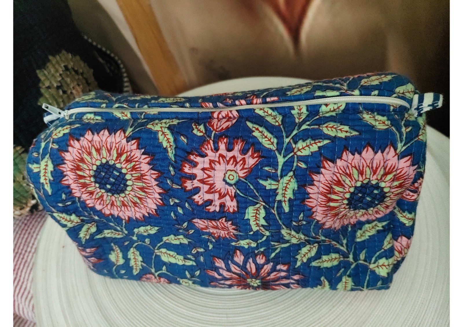 Hand-Block Printed Floral Cotton Makeup Bag Set | Autumn Leaf Toiletry Organizer