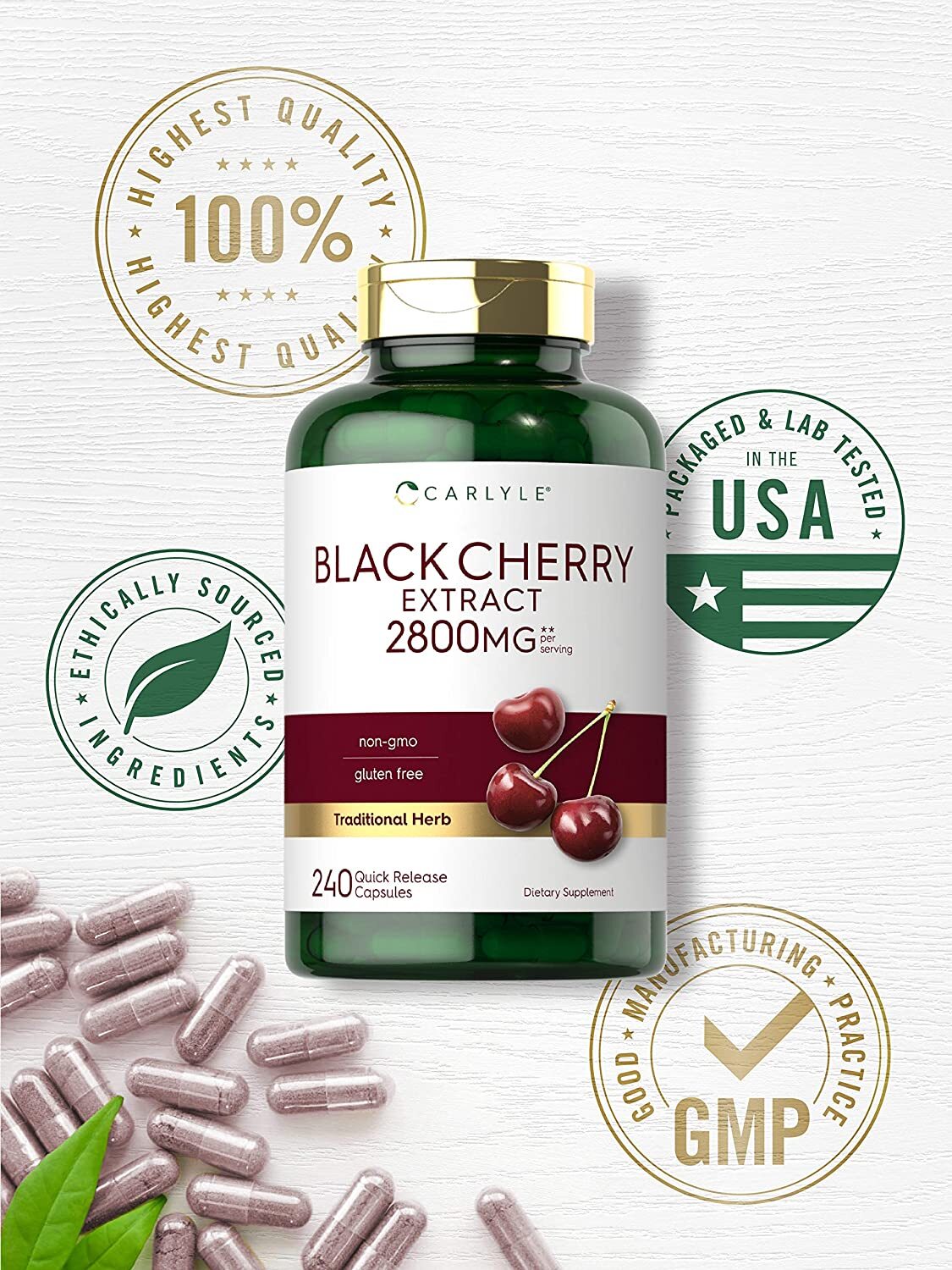 Black Cherry Capsules 2800mg | 240 Count | Non-GMO, Gluten Free | By Carlyle