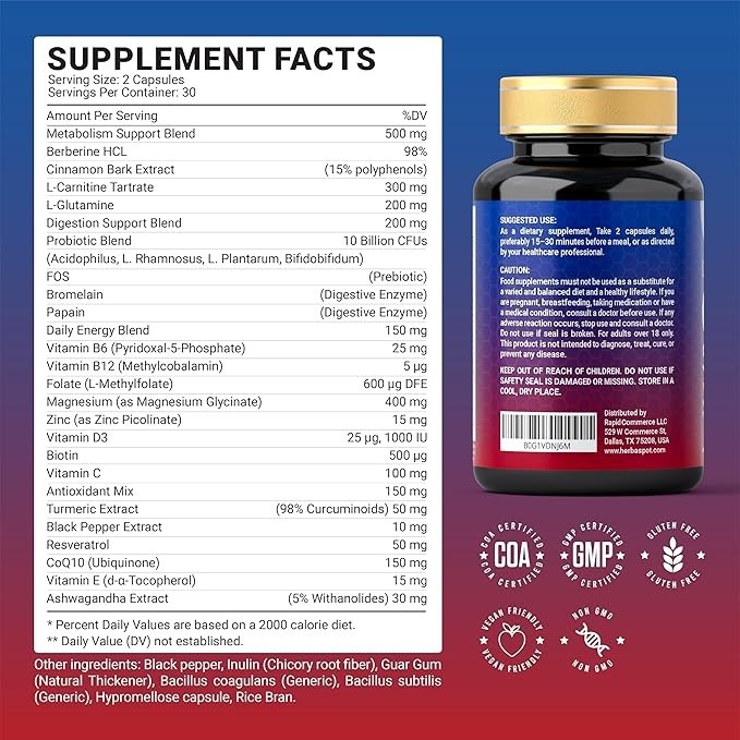 GLP Plus Berberine, L-Carnitine & Probiotics Weight Loss & Metabolism Support