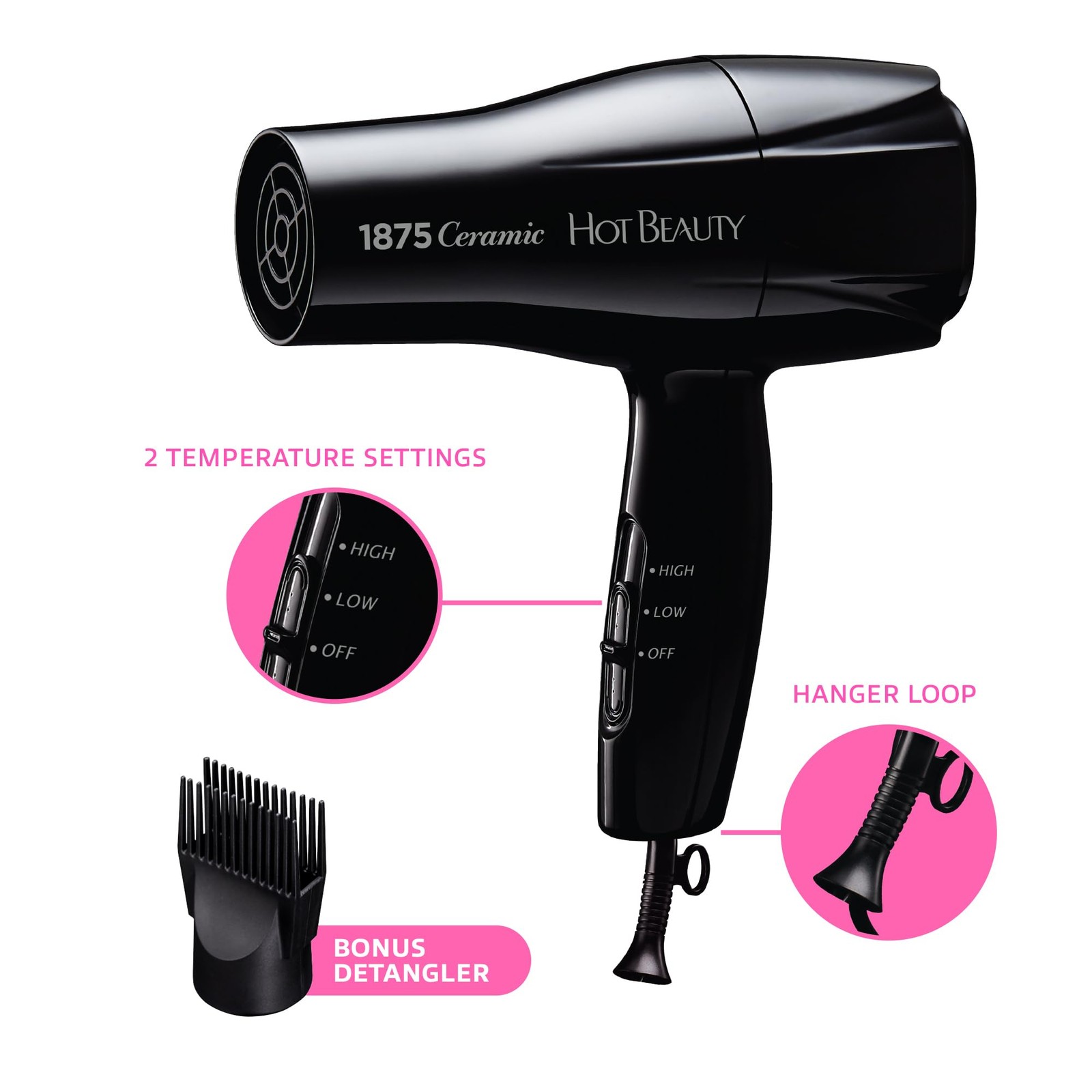Hot Beauty 1875 Ceramic Hair Dryer, Powerful Fast Detangler Pik, Black