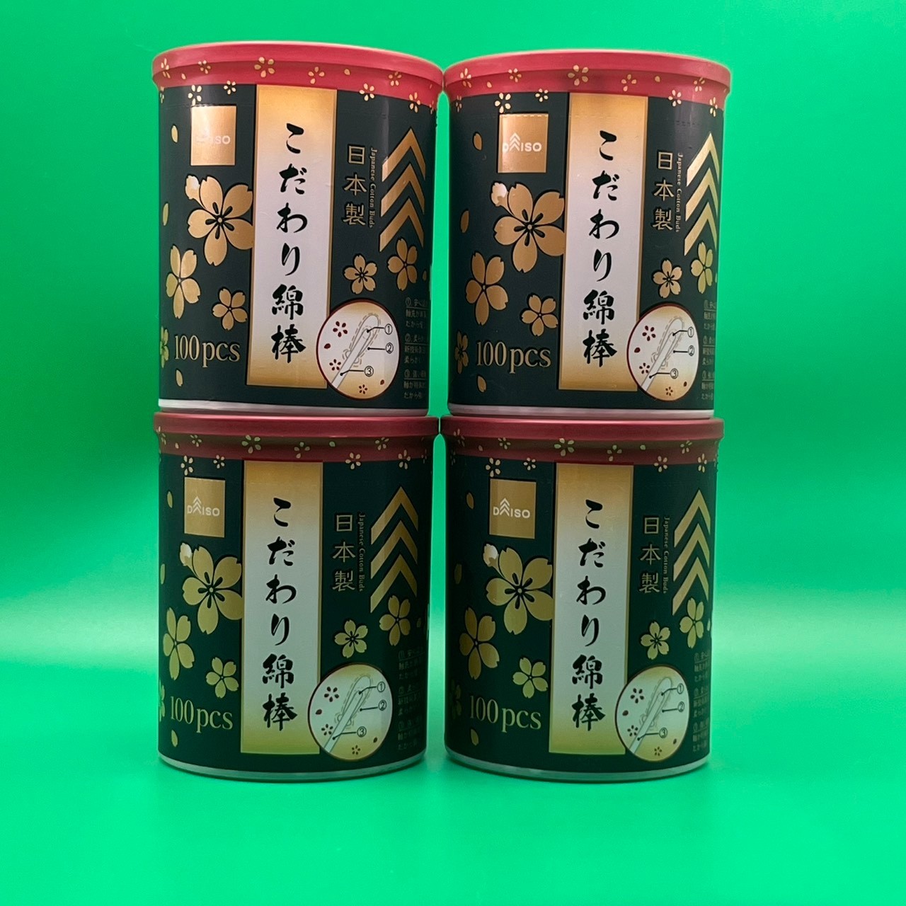 4-Pack DAISO White Cotton Swabs 100pcs×4 Sakura Container Premium Made in Japan