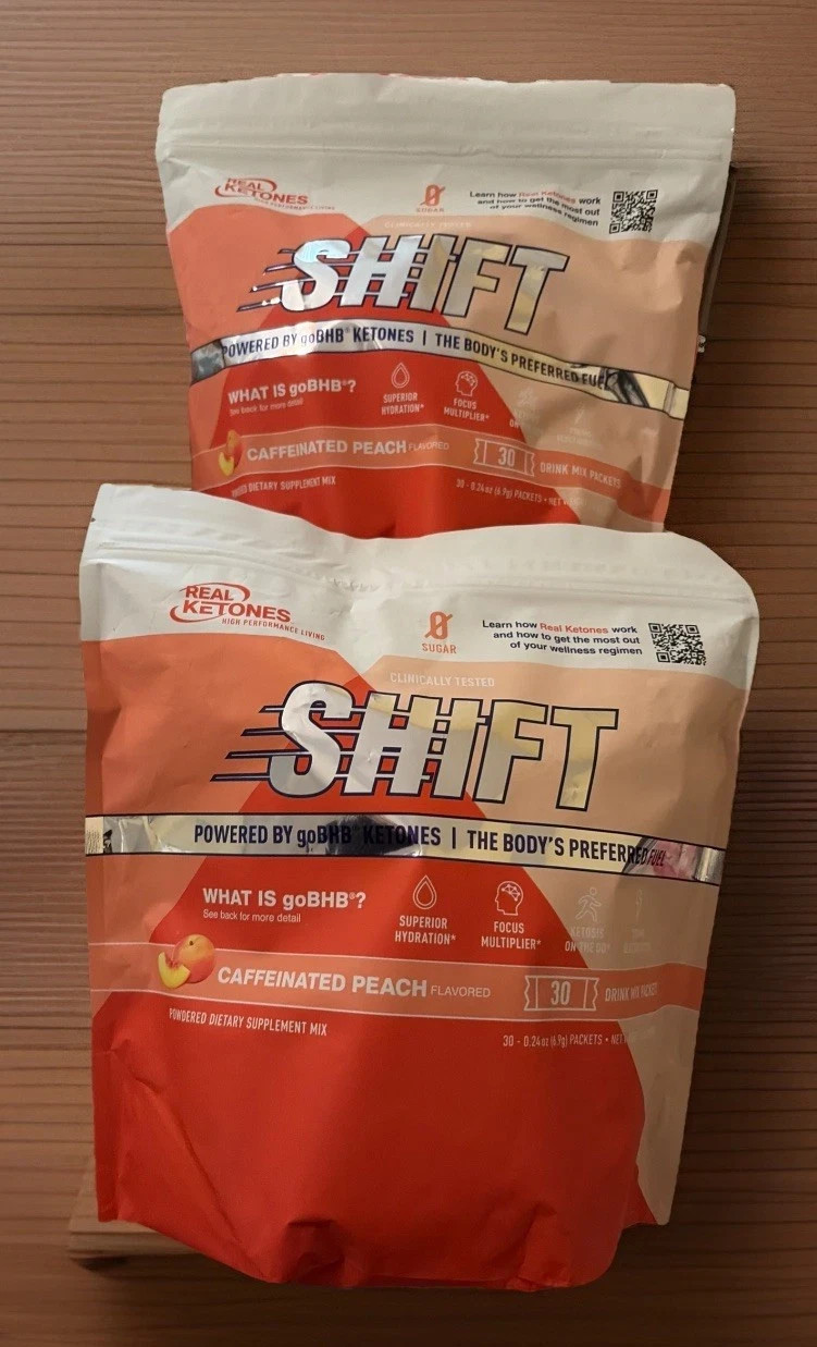 2 Packs Real Ketones, Shift, caffeinated peach Gobhb Drink Mix Exp 2028 60 Total