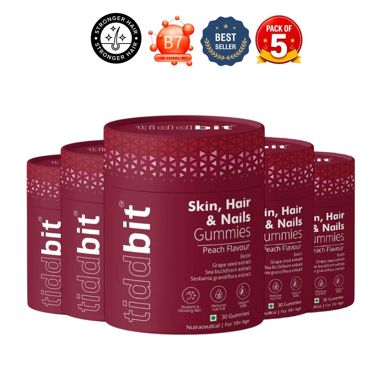 TIDD.BIT Skin Hair Nails Gummies Peach 150Ct Pack of 5