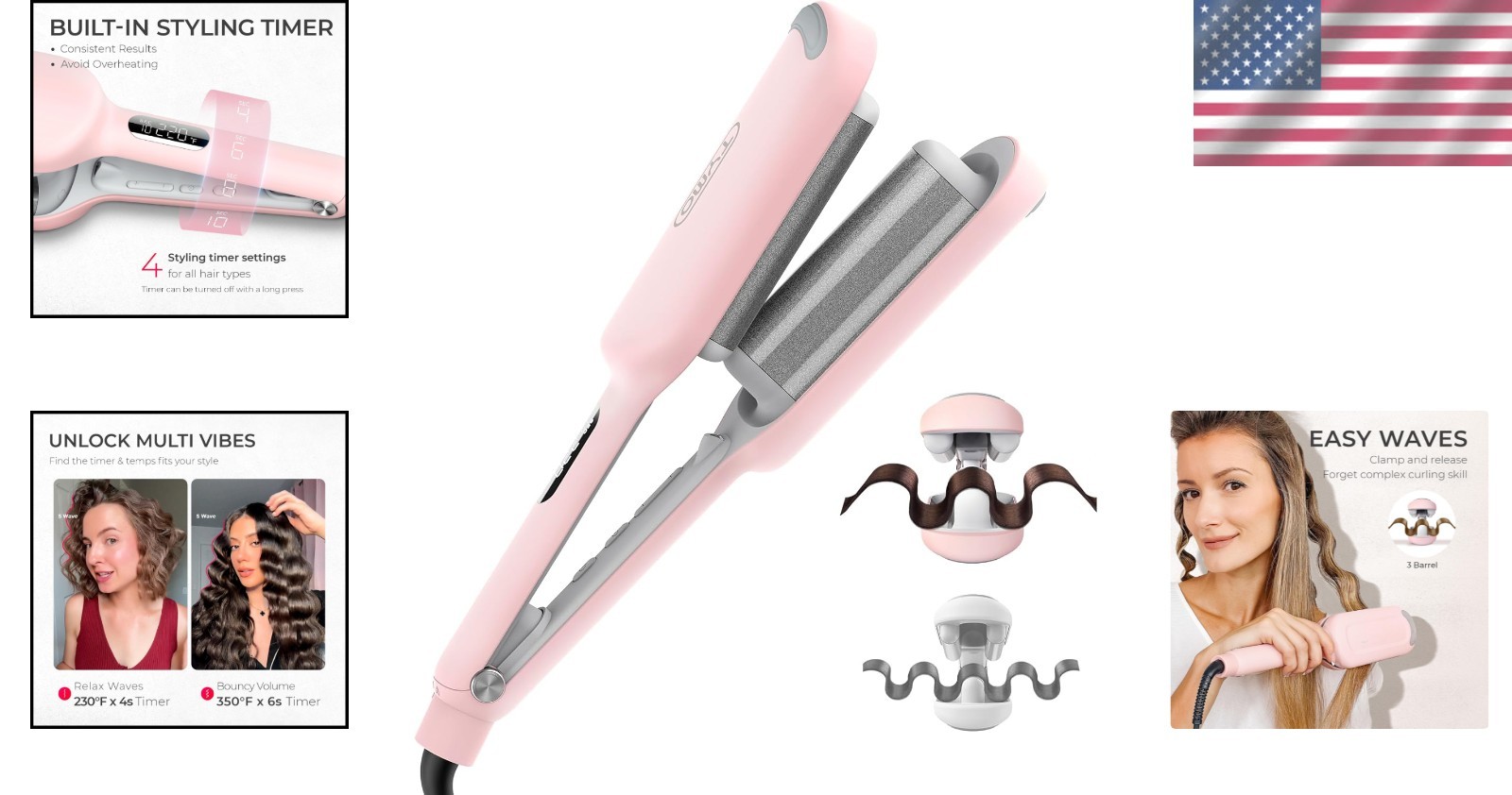 ROVY Pink 3 Barrel Curling Iron – Effortless Beach Waves Tool for All Hair Types
