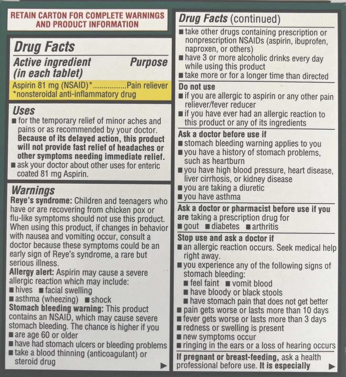 Member’s Mark Low Dose Aspirin 81mg x2 365 Ct BOTTLES, 730 Tabs~Compare to Bayer