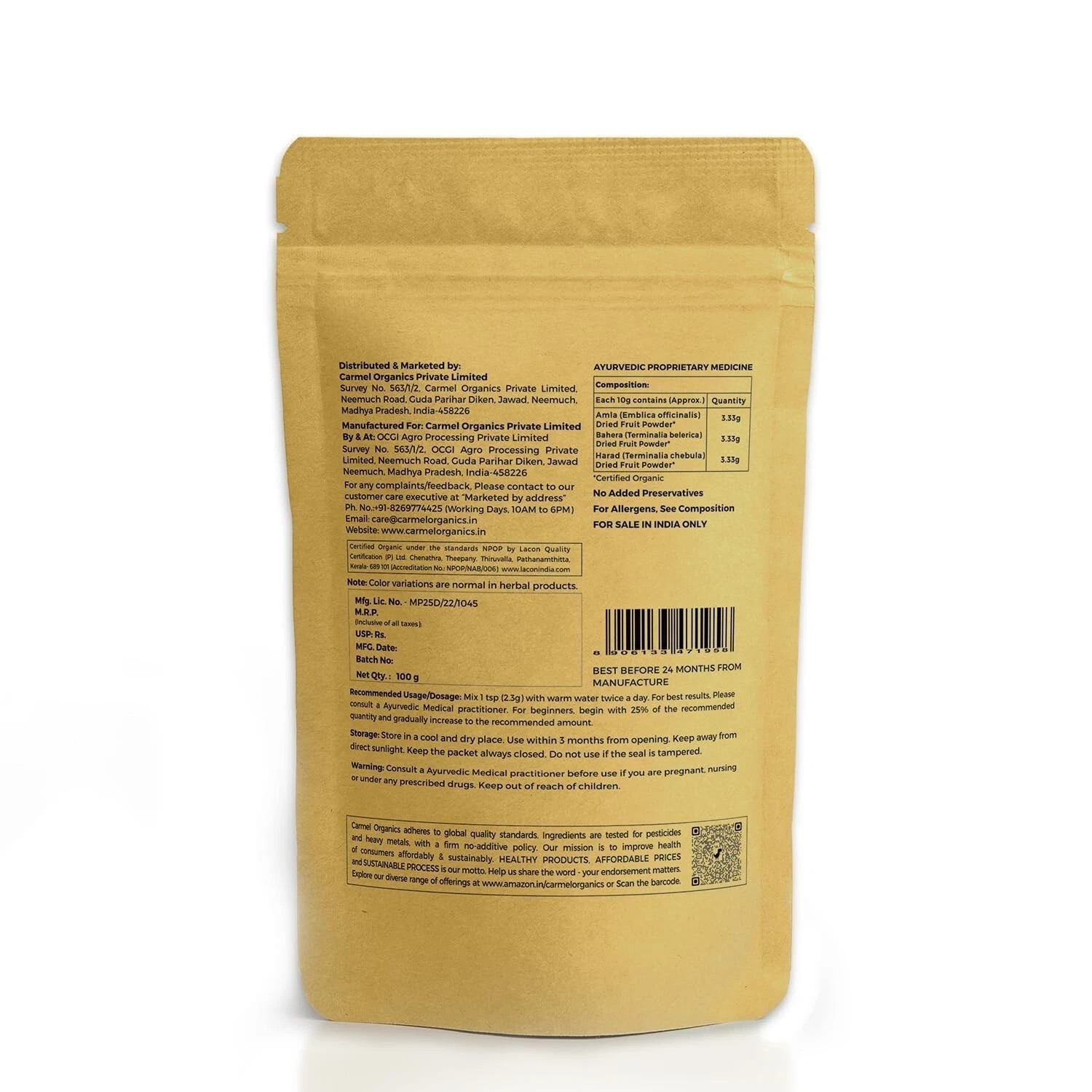 CARMEL ORGANICS Triphala Fruits Powder Helps Relieve Constipation 100g