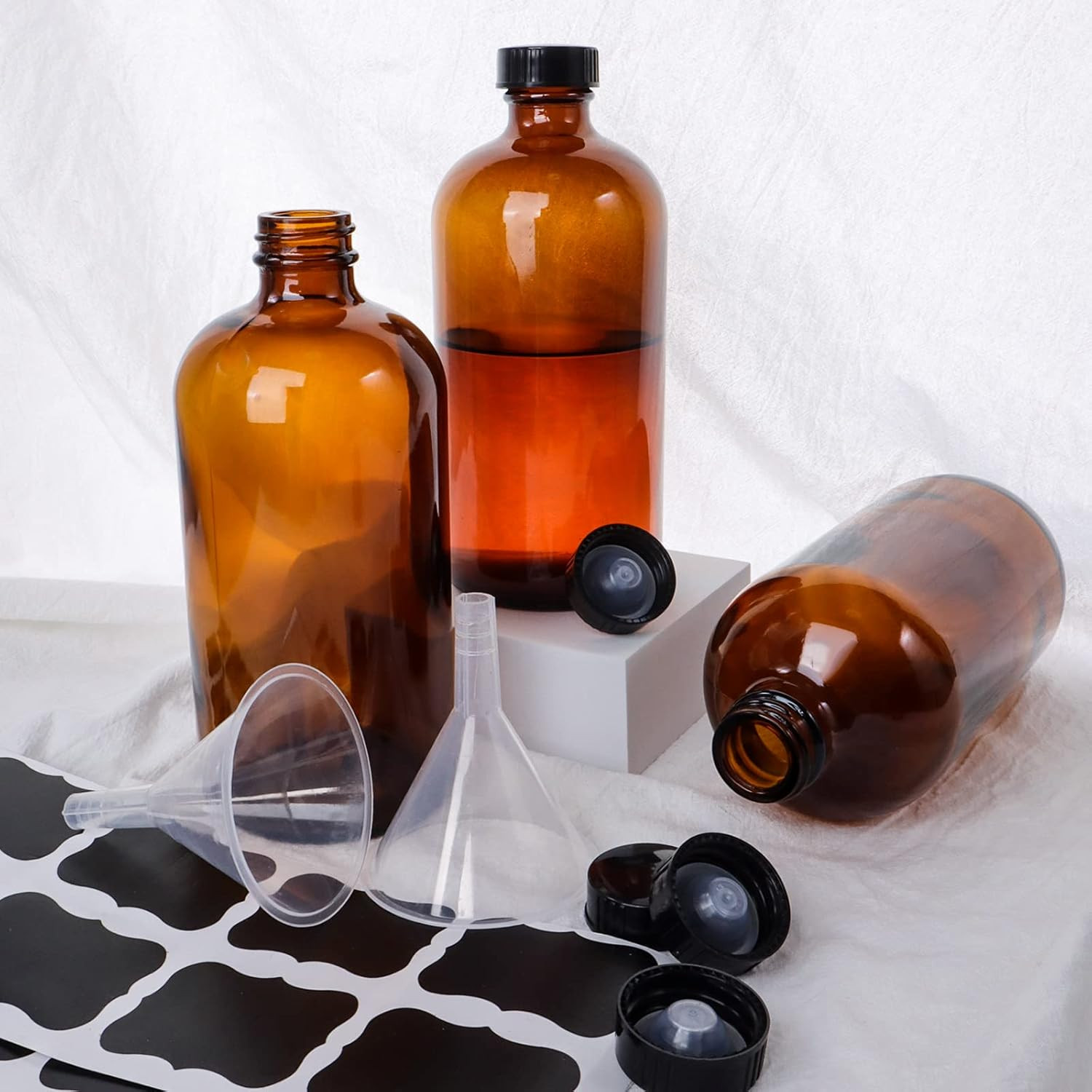 12 Pack 16 Oz Amber Boston round Glass Bottles with Black Caps for Secondary Kom