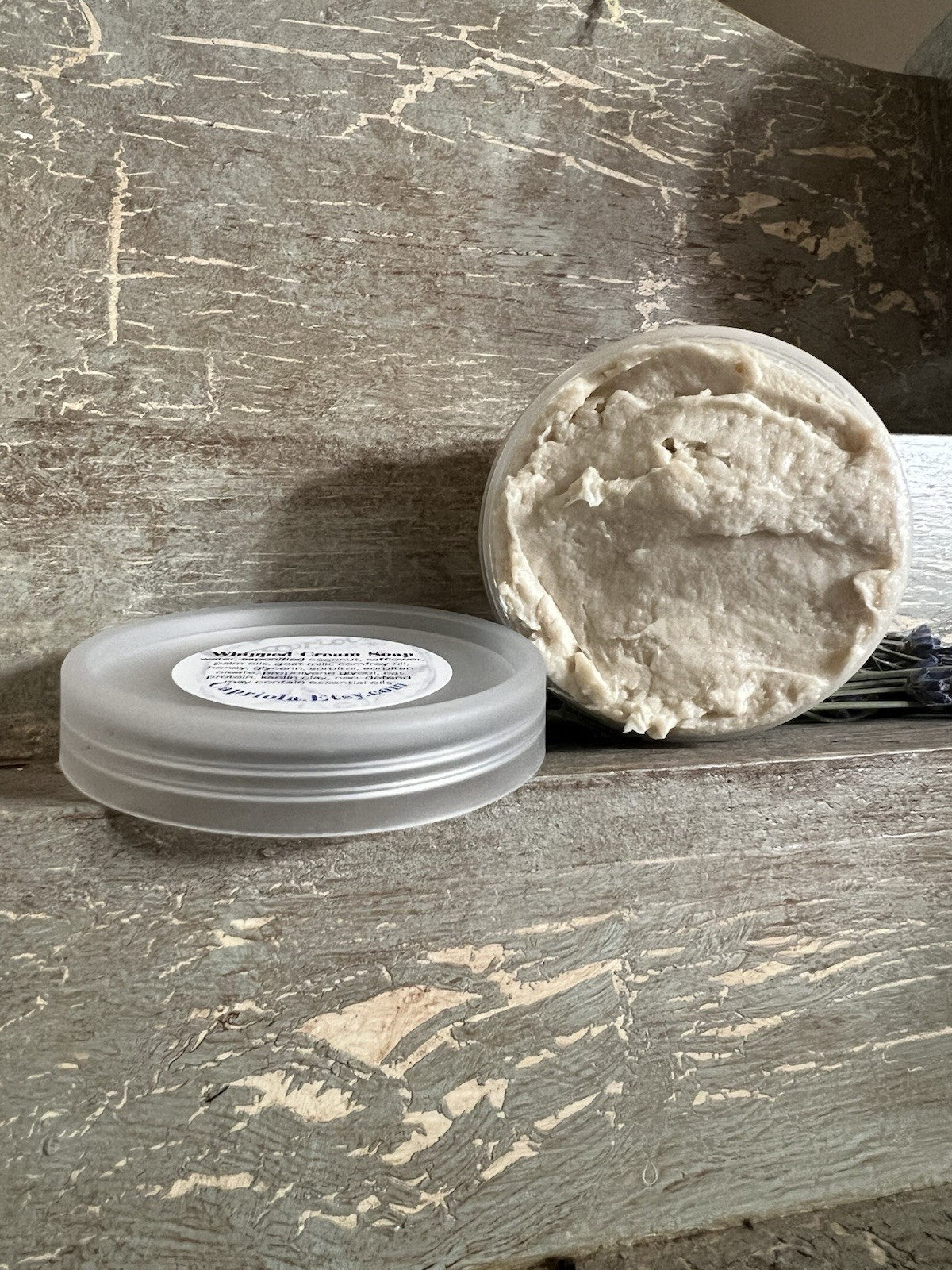 Jar of Whipped Cream Goat Milk Soap with Honey and Comfrey handmade