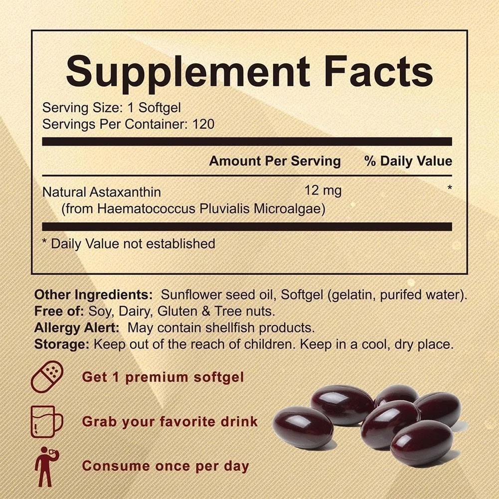 12mg Astaxanthin Antioxidant 120 Softgels Fresh Microalgae Eye Joint Skin Health