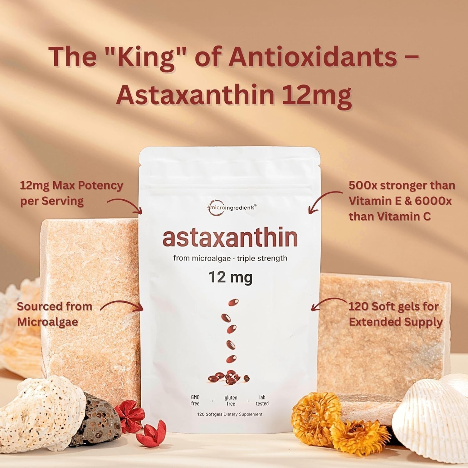 12mg Astaxanthin Antioxidant 120 Softgels Fresh Microalgae Eye Joint Skin Health