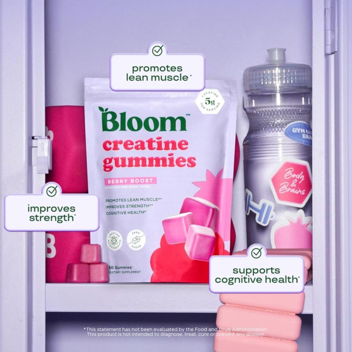 Bloom Sugar Free Creatine Gummies 5g – Monohydrate for Strength,Berry,36 Gummies